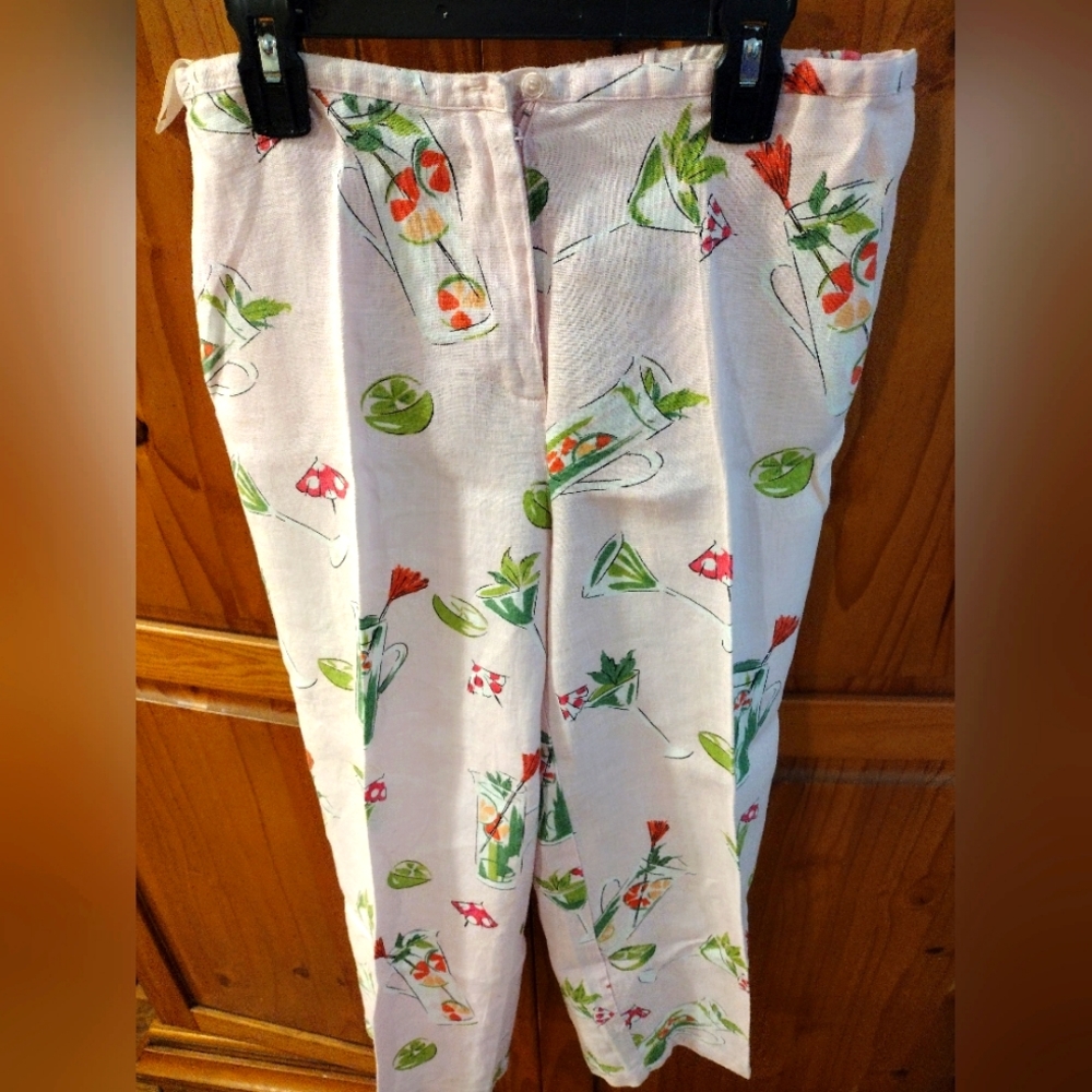 Dandy by Randim women's casual pants with cocktail pattern, size M, pink/green